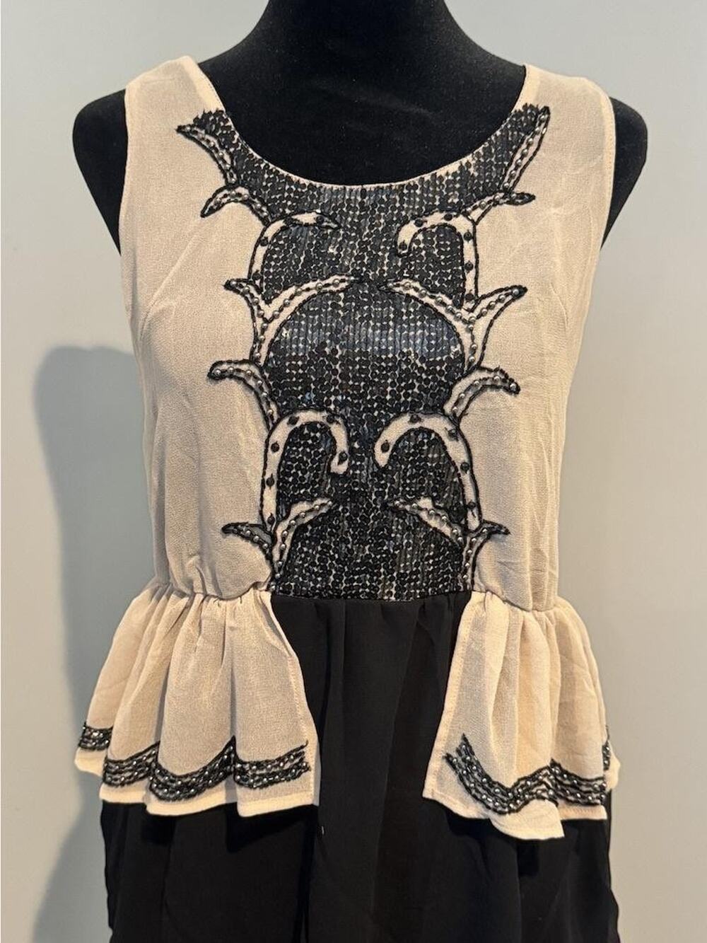 Angie Dress Small Black Colorblock Beaded Sequin Peplum Tank Chiffon Fairy Goth
